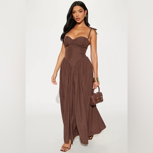 Lisa Tie Shoulder Maxi Dress - Chocolate - Picture 1 of 4